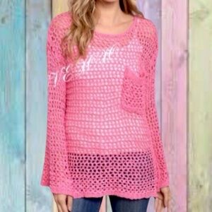 O&O Pink Open Net Long Bell Sleeve Front Pocket Tunic Top NWT